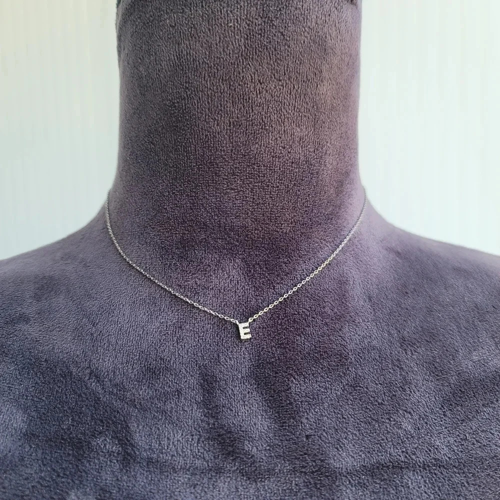Silver Tone Rhinestones Initial Alphabet Letter E Pendant Necklace 15" + 3"